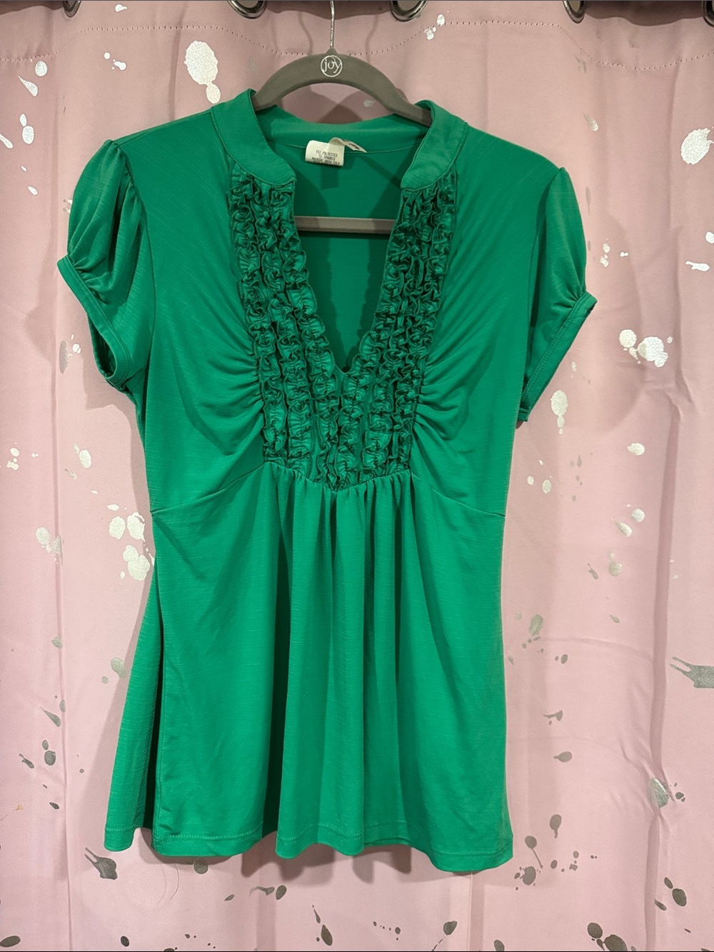 Heart Soul Emerald Green Ruffle-Front Short Sleeve Tunic